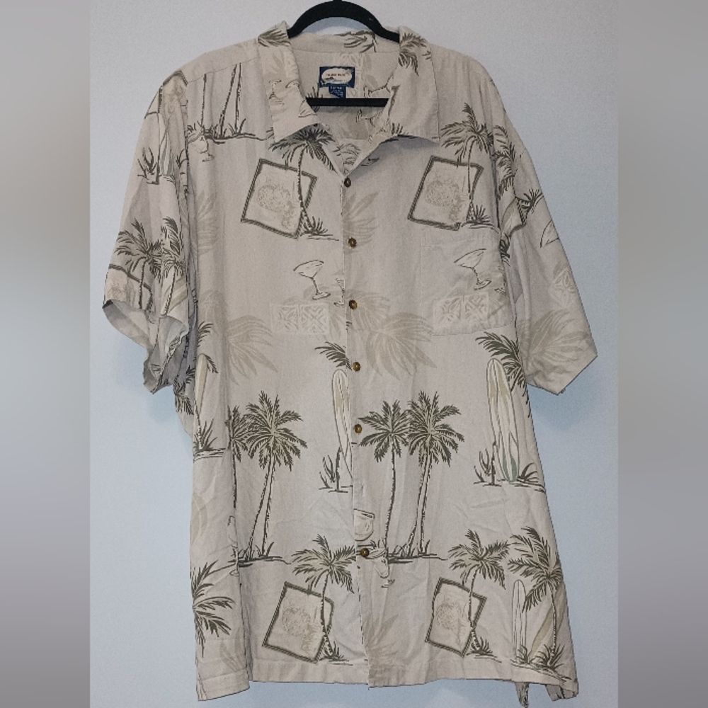 Men's Island Blue Palm‎ Tree Button Down Silk Shirt 5XLT